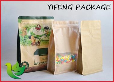 Flat Bottom Kraft Paper resealable stand up pouches Clear Window Printing