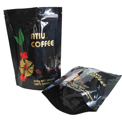 Glossy Black Hot Stamping Aluminium Foil Pouch , Ziplock Coffee Bean Packaging